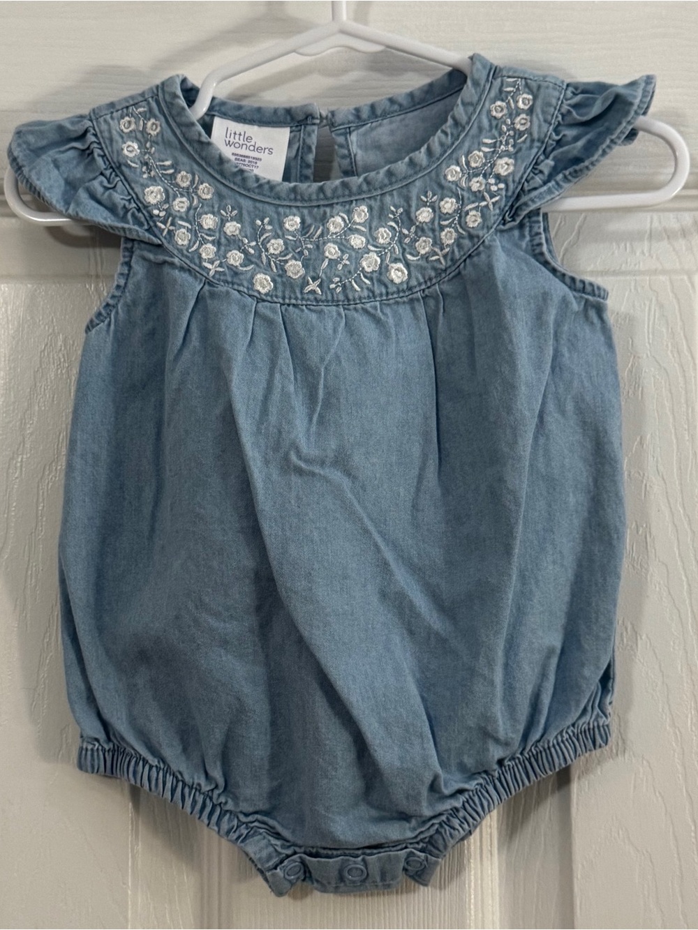 Little Wonders Baby Girl Light Blue Embroidered Soft Denim Bubble Romper
